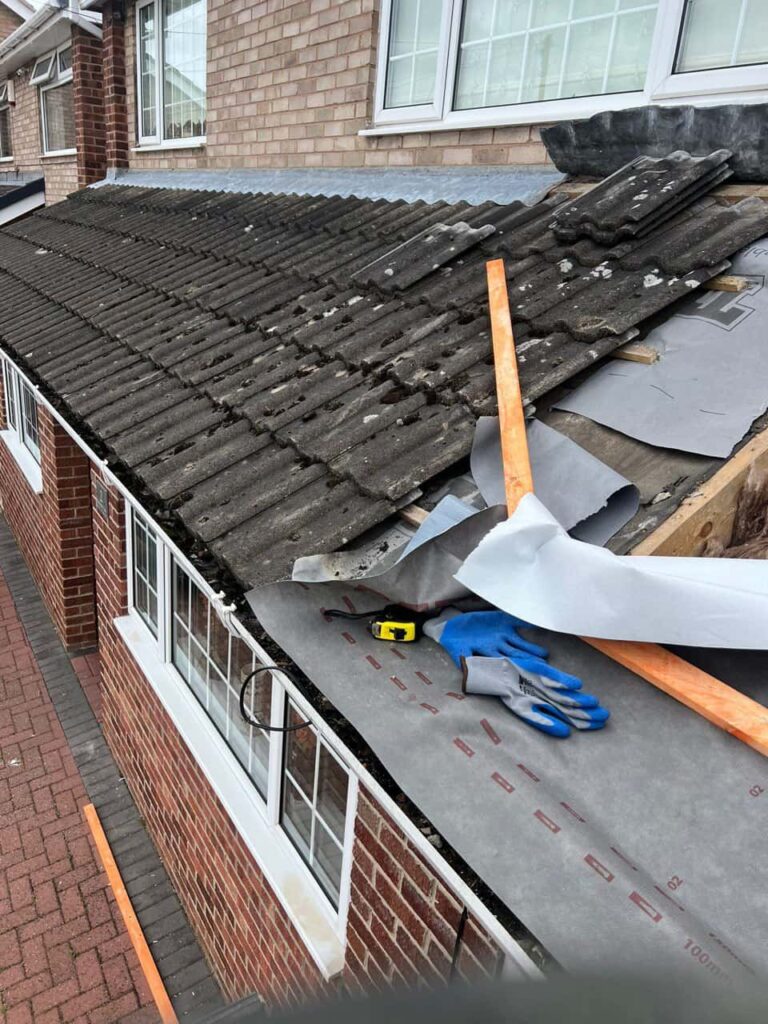This is a photo of a pitched roof which is being repaired. The existing roof was leaking badly. Works carried out by LJ Roofing Priory Vale